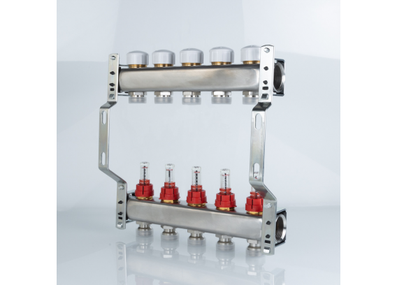 Коллекторная группа Valtec из нержавеющей стали, 1" x 3/4" ЕК на 5 выходов, с регулирующими клапанами и расходомерами VTc.584.EMNX.0605