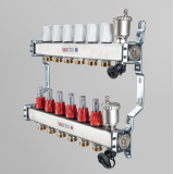 Коллекторная группа Valtec из нержавеющей стали, 1" x 3/4" ЕК на 4 выхода, с регулирующими клапанами и расходомерами VTc.586.EMNX.0604