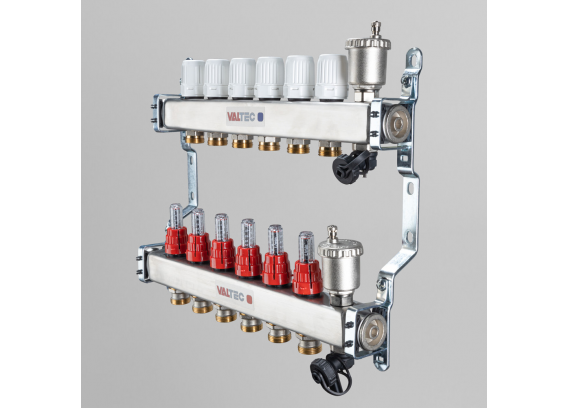 Коллекторная группа Valtec из нержавеющей стали, 1" x 3/4" ЕК на 4 выхода, с регулирующими клапанами и расходомерами VTc.586.EMNX.0604