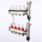 Коллекторная группа Valtec из нержавеющей стали, 1" x 3/4" ЕК на 4 выхода, с регулирующими клапанами и расходомерами VTc.589.EMNX.0604