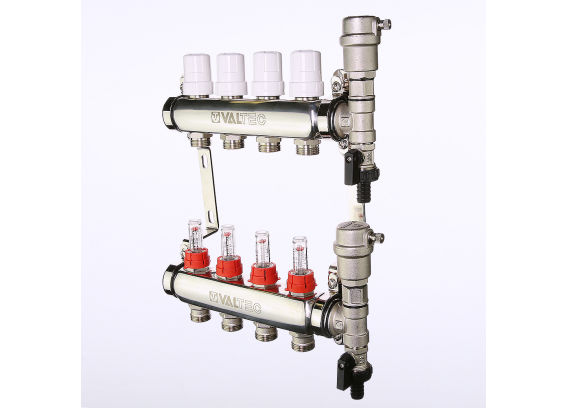 Коллекторная группа Valtec из нержавеющей стали, 1" x 3/4" ЕК на 4 выхода, с регулирующими клапанами и расходомерами VTc.589.EMNX.0604