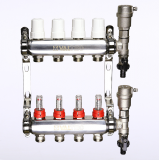Коллекторная группа Valtec из нержавеющей стали, 1" x 3/4" ЕК на 4 выхода, с регулирующими клапанами и расходомерами VTc.589.EMNX.0604