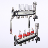 Коллекторная группа Valtec из нержавеющей стали, 1" x 3/4" ЕК на 4 выхода, с регулирующими клапанами и расходомерами VTc.589.EMNX.0604