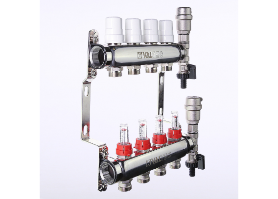Коллекторная группа Valtec из нержавеющей стали, 1" x 3/4" ЕК на 4 выхода, с регулирующими клапанами и расходомерами VTc.589.EMNX.0604