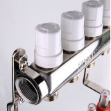 Коллекторная группа Valtec из нержавеющей стали, 1" x 3/4" ЕК на 4 выхода, с регулирующими клапанами и расходомерами VTc.589.EMNX.0604