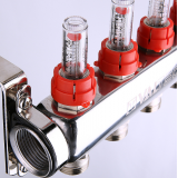 Коллекторная группа Valtec из нержавеющей стали, 1" x 3/4" ЕК на 4 выхода, с регулирующими клапанами и расходомерами VTc.589.EMNX.0604