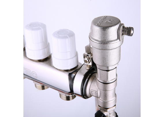 Коллекторная группа Valtec из нержавеющей стали, 1" x 3/4" ЕК на 4 выхода, с регулирующими клапанами и расходомерами VTc.589.EMNX.0604