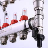 Коллекторная группа Valtec из нержавеющей стали, 1" x 3/4" ЕК на 4 выхода, с регулирующими клапанами и расходомерами VTc.589.EMNX.0604