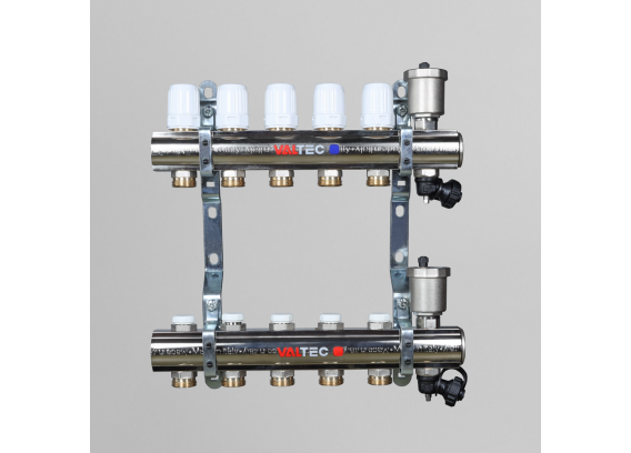 Коллекторная группа Valtec из латуни, 1" x 3/4" ЕК на 9 выходов, c регулирующими и балансировочными клапанами VTc.594.EMNX.0609