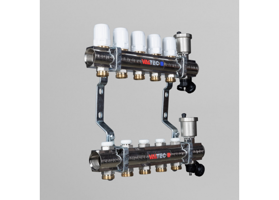 Коллекторная группа Valtec из латуни, 1" x 3/4" ЕК на 9 выходов, c регулирующими и балансировочными клапанами VTc.594.EMNX.0609