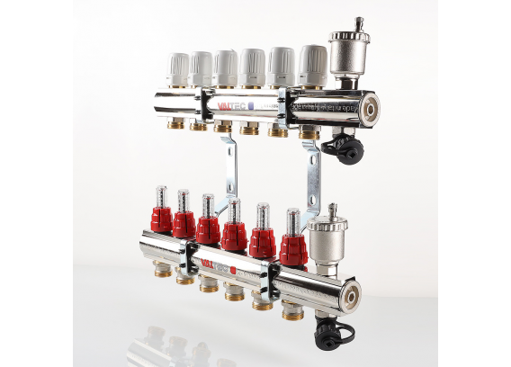 Коллекторная группа Valtec из латуни, 1" x 3/4" ЕК на 8 выходов, с регулирующими клапанами и расходомерами VTc.596.EMNX.0608