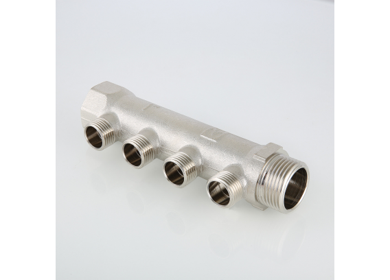 Коллектор распределительный Valtec из никелированной латуни, 3/4" x 1/2" на 2 контура, с наружной резьбой VTc.500.N.0502
