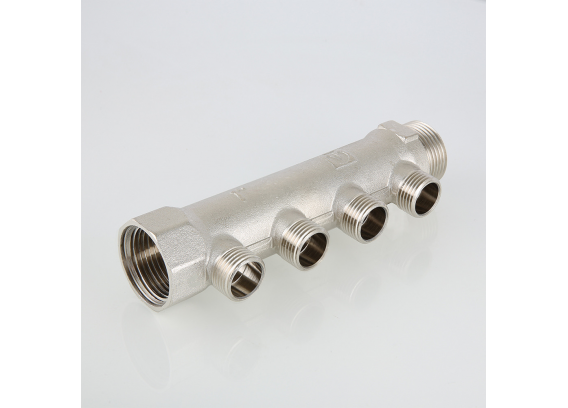 Коллектор распределительный Valtec из никелированной латуни, 3/4" x 1/2" на 2 контура, с наружной резьбой VTc.500.N.0502