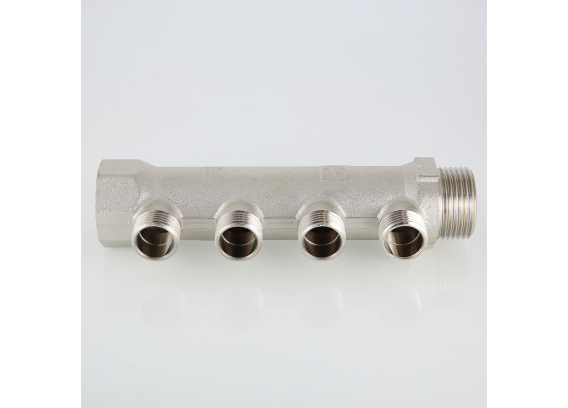 Коллектор распределительный Valtec из никелированной латуни, 3/4" x 1/2" на 2 контура, с наружной резьбой VTc.500.N.0502