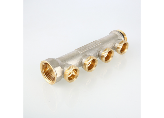 Коллектор распределительный Valtec из никелированной латуни, 1" x 3/4" на 2 контура, с наружной резьбой под евроконус VTc.500.NE.060502