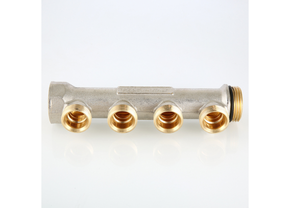 Коллектор распределительный Valtec из никелированной латуни, 1" x 3/4" на 2 контура, с наружной резьбой под евроконус VTc.500.NE.060502