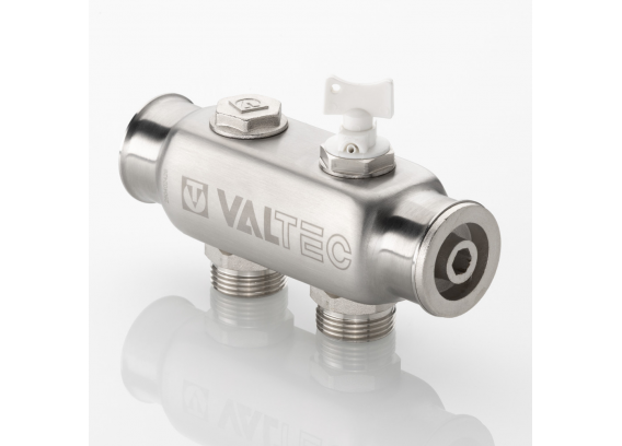 Коллектор распределительный Valtec из нержавеющей стали, 1" x 3/4" ЕК на 2 контура, с межосевым расстоянием (50 мм) VTc.505.SS.060502
