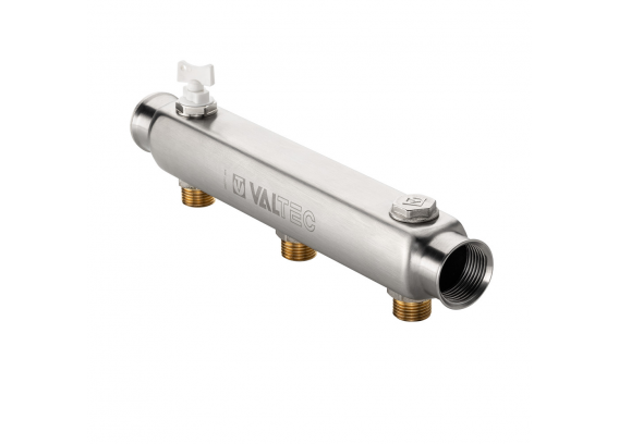 Коллектор распределительный Valtec из нержавеющей стали, 1" x 1/2" на 3 контура, с межосевым расстоянием (100 мм) VTc.510.SS.060403