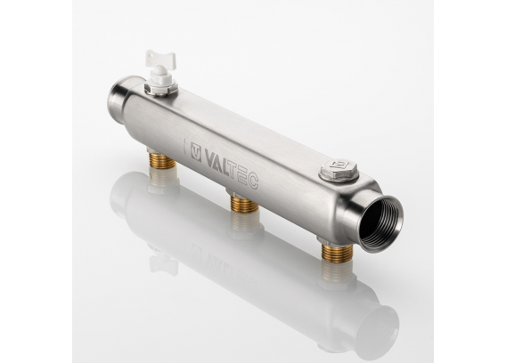 Коллектор распределительный Valtec из нержавеющей стали, 1" x 1/2" на 3 контура, с межосевым расстоянием (100 мм) VTc.510.SS.060403