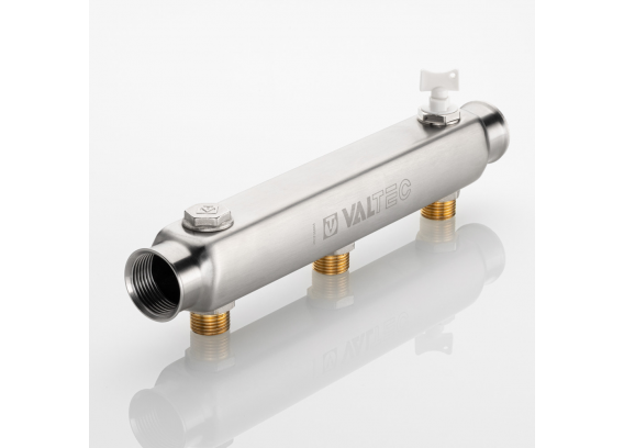 Коллектор распределительный Valtec из нержавеющей стали, 1" x 1/2" на 3 контура, с межосевым расстоянием (100 мм) VTc.510.SS.060403