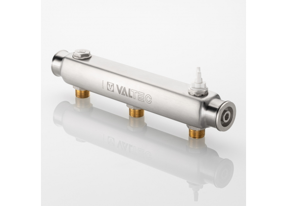 Коллектор распределительный Valtec из нержавеющей стали, 1" x 1/2" на 3 контура, с межосевым расстоянием (100 мм) VTc.510.SS.060403