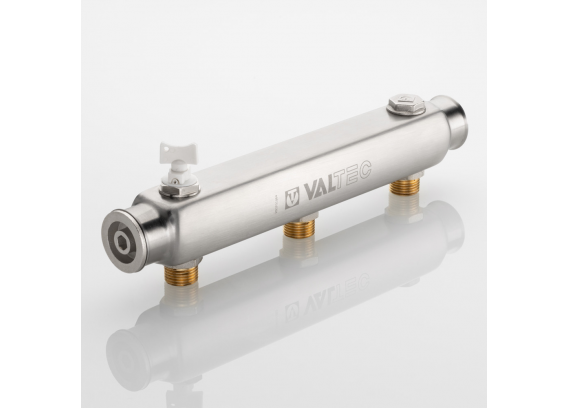 Коллектор распределительный Valtec из нержавеющей стали, 1" x 1/2" на 3 контура, с межосевым расстоянием (100 мм) VTc.510.SS.060403
