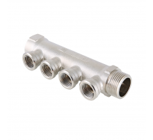 Коллектор распределительный Valtec из никелированной латуни, 3/4" x 1/2" на 2 контура, с внутренней резьбой VTc.550.N.0502