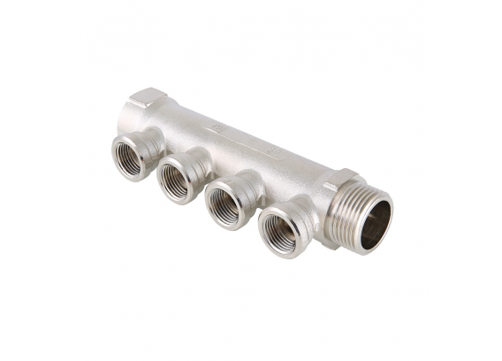 Коллектор распределительный Valtec из никелированной латуни, 1" x 1/2" на 2 контура, с внутренней резьбой VTc.550.N.0602