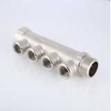 Коллектор распределительный Valtec из никелированной латуни, 1" x 1/2" на 2 контура, с внутренней резьбой VTc.550.N.0602