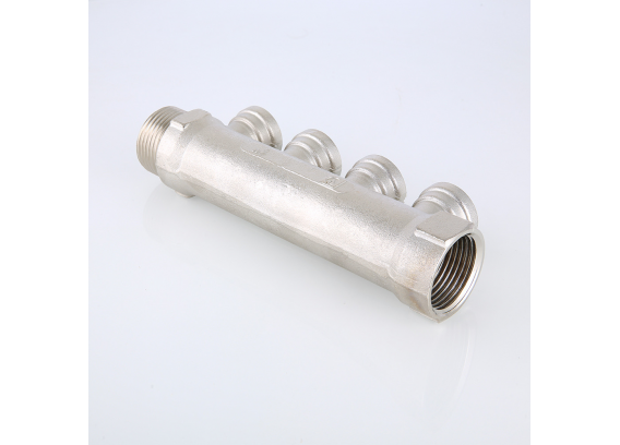 Коллектор распределительный Valtec из никелированной латуни, 1" x 1/2" на 2 контура, с внутренней резьбой VTc.550.N.0602