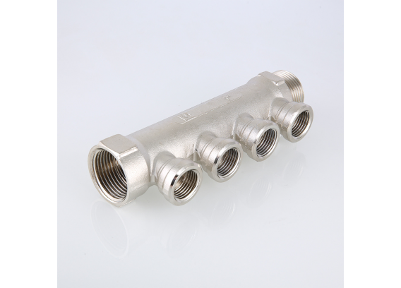 Коллектор распределительный Valtec из никелированной латуни, 1" x 1/2" на 2 контура, с внутренней резьбой VTc.550.N.0602