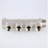 Коллектор распределительный Valtec из никелированной латуни, 1" x 1/2" на 2 контура, с внутренней резьбой VTc.550.N.0602