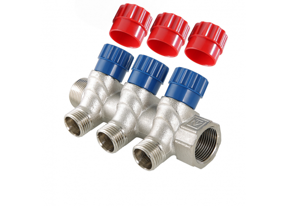 Коллектор распределительный Valtec из никелированной латуни, 3/4" x 1/2" на 2 контура, с регулирующими вентилями и наружной резьбой VTc.560.N.0502