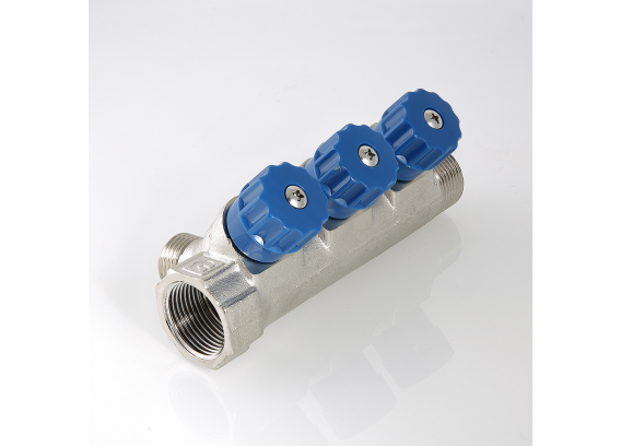 Коллектор распределительный Valtec из никелированной латуни, 3/4" x 1/2" на 2 контура, с регулирующими вентилями и наружной резьбой VTc.560.N.0502