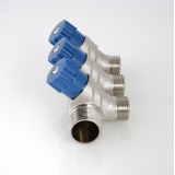 Коллектор распределительный Valtec из никелированной латуни, 3/4" x 1/2" на 2 контура, с регулирующими вентилями и наружной резьбой VTc.560.N.0502
