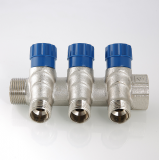 Коллектор распределительный Valtec из никелированной латуни, 3/4" x 1/2" на 2 контура, с регулирующими вентилями и наружной резьбой VTc.560.N.0502