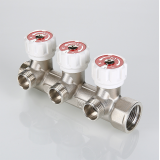 Коллектор распределительный Valtec из никелированной латуни, 3/4" x 1/2" на 2 контура, с регулирующими вентилями VTc.570.N.0502