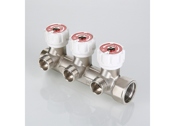 Коллектор распределительный Valtec из никелированной латуни, 3/4" x 1/2" на 2 контура, с регулирующими вентилями VTc.570.N.0502