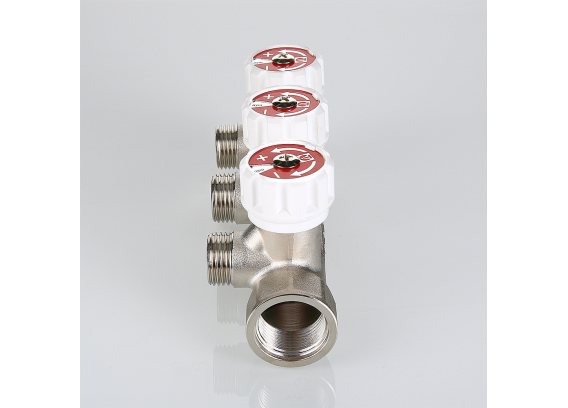 Коллектор распределительный Valtec из никелированной латуни, 3/4" x 1/2" на 2 контура, с регулирующими вентилями VTc.570.N.0502