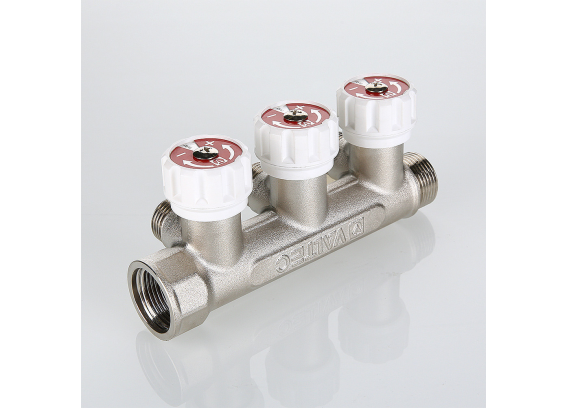 Коллектор распределительный Valtec из никелированной латуни, 3/4" x 1/2" на 2 контура, с регулирующими вентилями VTc.570.N.0502