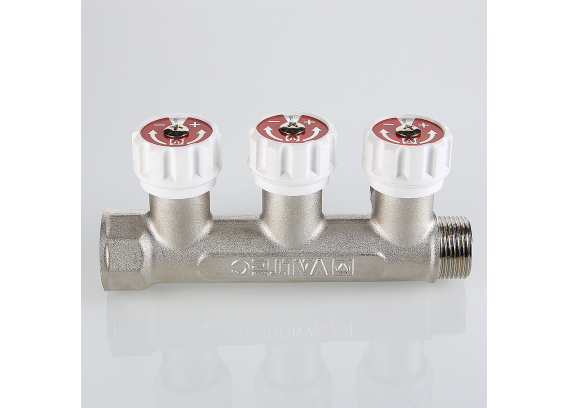 Коллектор распределительный Valtec из никелированной латуни, 3/4" x 1/2" на 2 контура, с регулирующими вентилями VTc.570.N.0502