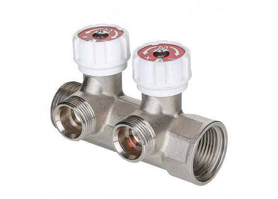 Коллектор распределительный Valtec из никелированной латуни, 1" x 3/4" ЕК на 3 контура, с регулирующими вентилями VTc.570.NE.0603