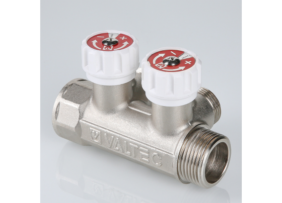 Коллектор распределительный Valtec из никелированной латуни, 1" x 3/4" ЕК на 3 контура, с регулирующими вентилями VTc.570.NE.0603