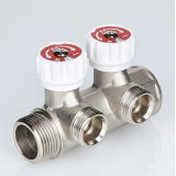Коллектор распределительный Valtec из никелированной латуни, 1" x 3/4" ЕК на 3 контура, с регулирующими вентилями VTc.570.NE.0603
