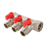 Коллектор распределительный Valtec из никелированной латуни, 1" x 1/2" на 2 контура, с отсекающими кранами VTc.580.N.0602