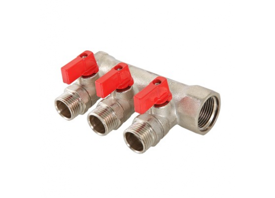 Коллектор распределительный Valtec из никелированной латуни, 1" x 1/2" на 2 контура, с отсекающими кранами VTc.580.N.0602