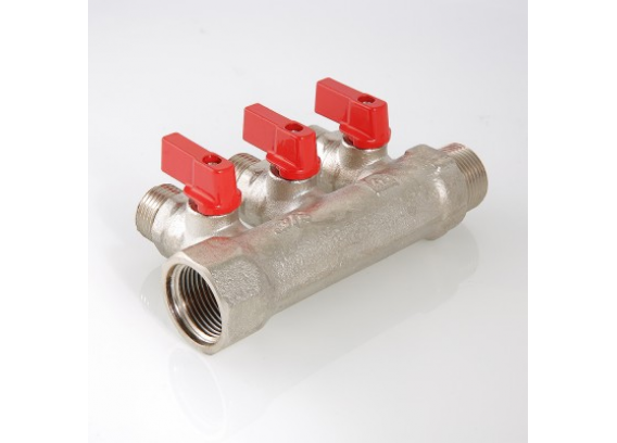 Коллектор распределительный Valtec из никелированной латуни, 1" x 1/2" на 2 контура, с отсекающими кранами VTc.580.N.0602