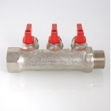 Коллектор распределительный Valtec из никелированной латуни, 1" x 1/2" на 2 контура, с отсекающими кранами VTc.580.N.0602