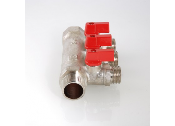 Коллектор распределительный Valtec из никелированной латуни, 1" x 1/2" на 2 контура, с отсекающими кранами VTc.580.N.0602