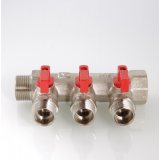 Коллектор распределительный Valtec из никелированной латуни, 1" x 1/2" на 2 контура, с отсекающими кранами VTc.580.N.0602